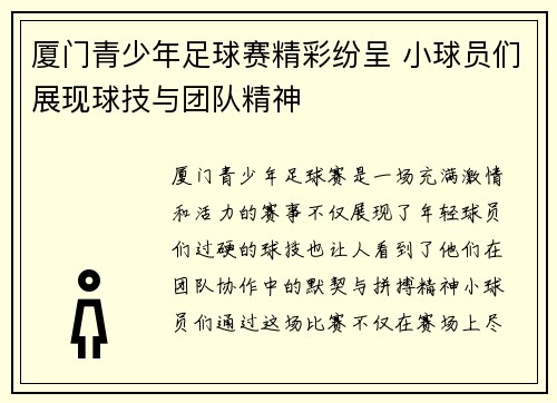 厦门青少年足球赛精彩纷呈 小球员们展现球技与团队精神