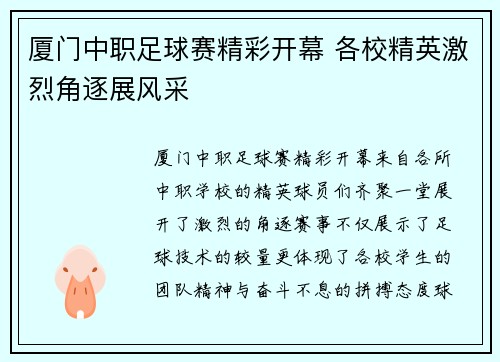 厦门中职足球赛精彩开幕 各校精英激烈角逐展风采